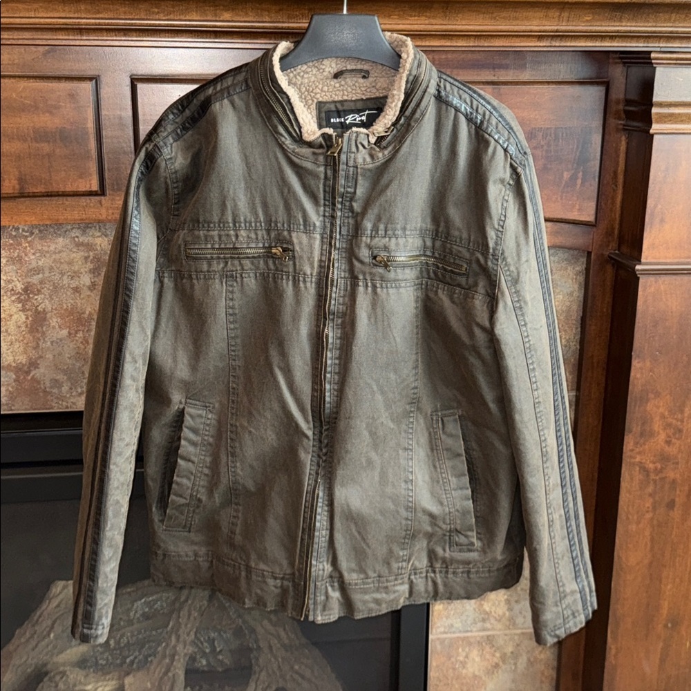 Mens coated cotton brown moto zip up jacket coat fuzzy lining XL rockabilly